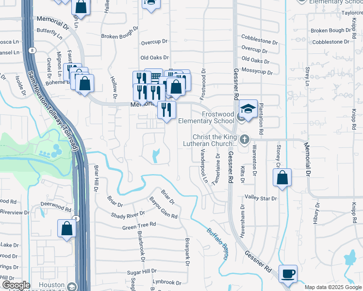 map of restaurants, bars, coffee shops, grocery stores, and more near 327 Tealwood Drive in Houston
