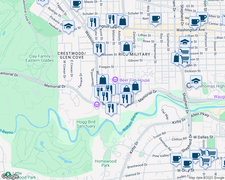 map of restaurants, bars, coffee shops, grocery stores, and more near 5714 Venice Street in Houston
