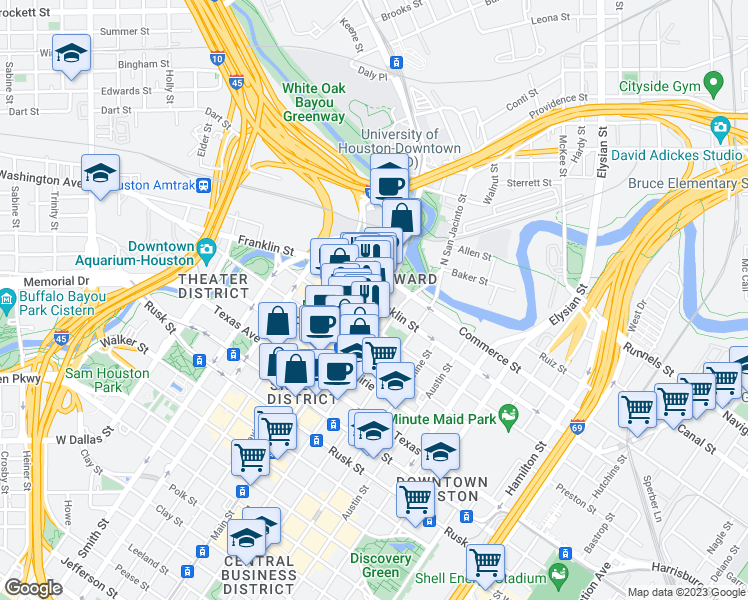map of restaurants, bars, coffee shops, grocery stores, and more near Main St & Franklin St in Houston