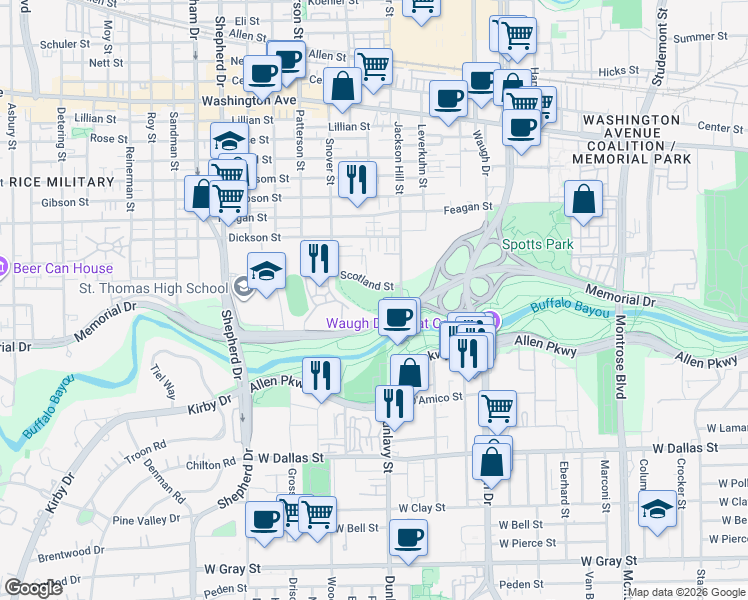 map of restaurants, bars, coffee shops, grocery stores, and more near 4100 Memorial Drive in Houston