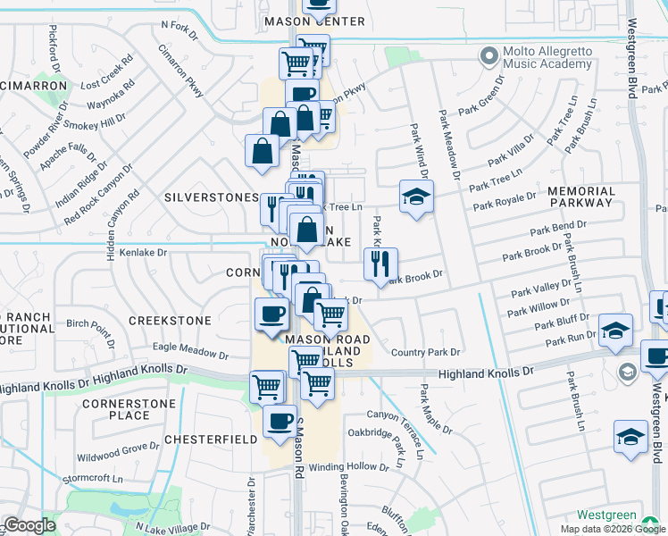 map of restaurants, bars, coffee shops, grocery stores, and more near 21739 Park Bend Drive in Katy