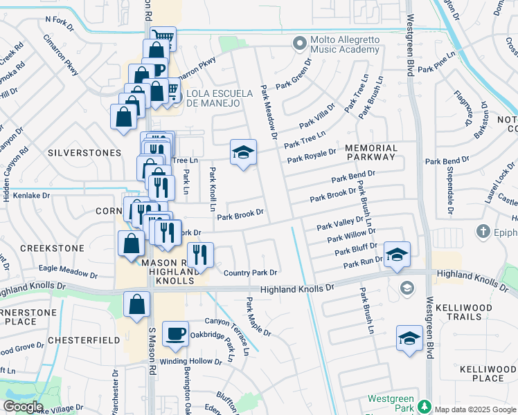 map of restaurants, bars, coffee shops, grocery stores, and more near 21610 Park Brook Drive in Katy