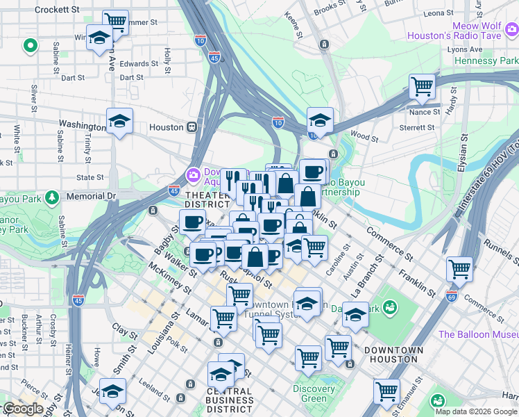 map of restaurants, bars, coffee shops, grocery stores, and more near 320 Milam Street in Houston