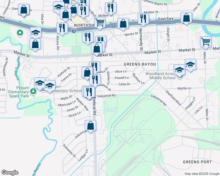 map of restaurants, bars, coffee shops, grocery stores, and more near 12645 Coulson Street in Houston