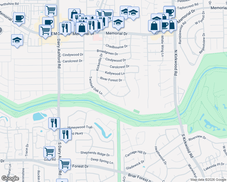 map of restaurants, bars, coffee shops, grocery stores, and more near 418 Kickerillo Court in Houston