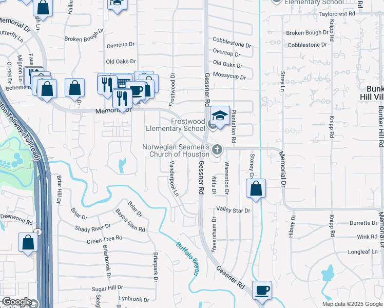 map of restaurants, bars, coffee shops, grocery stores, and more near 310 Tamerlaine Drive in Houston
