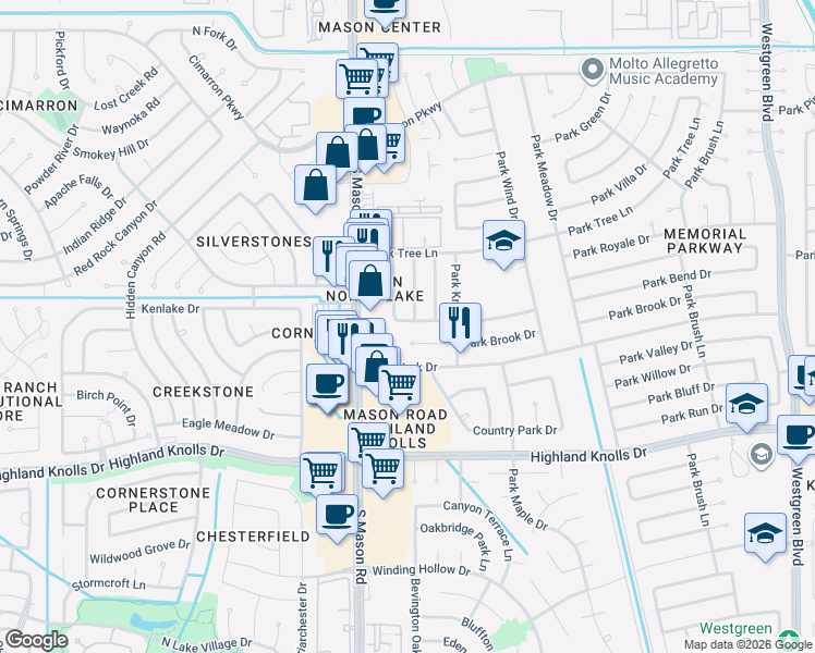 map of restaurants, bars, coffee shops, grocery stores, and more near 21739 Park Bend Drive in Katy