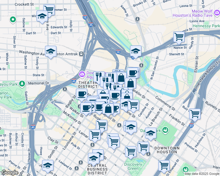 map of restaurants, bars, coffee shops, grocery stores, and more near 777 Preston Street in Houston