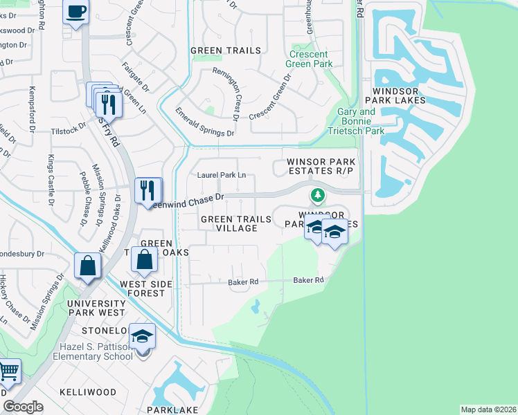 map of restaurants, bars, coffee shops, grocery stores, and more near 19431 Kessington Lane in Houston