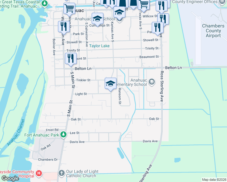map of restaurants, bars, coffee shops, grocery stores, and more near 1003 South Kansas Avenue in Anahuac