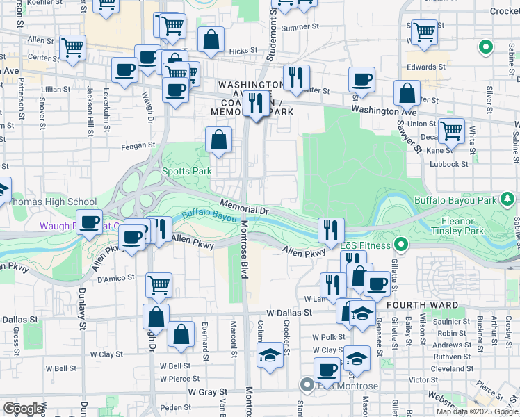 map of restaurants, bars, coffee shops, grocery stores, and more near 1799 Memorial Parkway in Houston