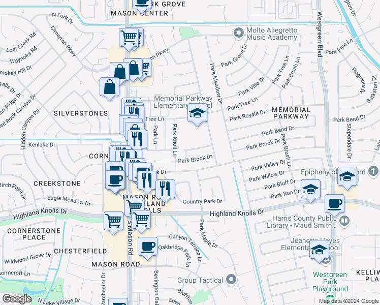 map of restaurants, bars, coffee shops, grocery stores, and more near 21635 Park Bend Drive in Katy