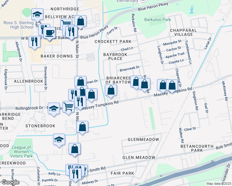 map of restaurants, bars, coffee shops, grocery stores, and more near 605 Massey Tompkins Road in Baytown