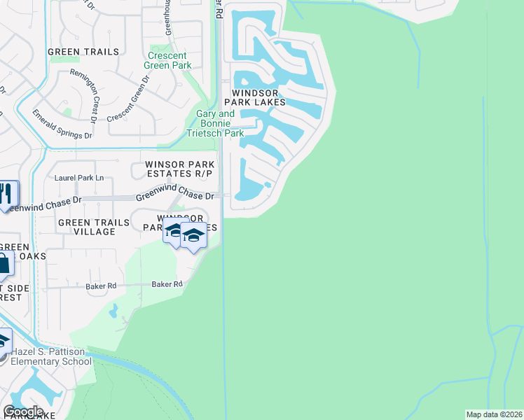 map of restaurants, bars, coffee shops, grocery stores, and more near 19015 Windsor Lakes Drive in Houston