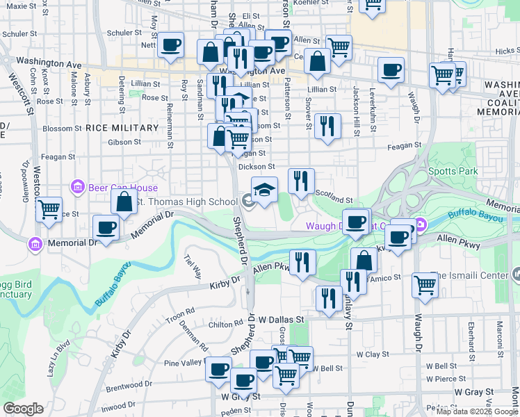 map of restaurants, bars, coffee shops, grocery stores, and more near 4500 Memorial Drive in Houston