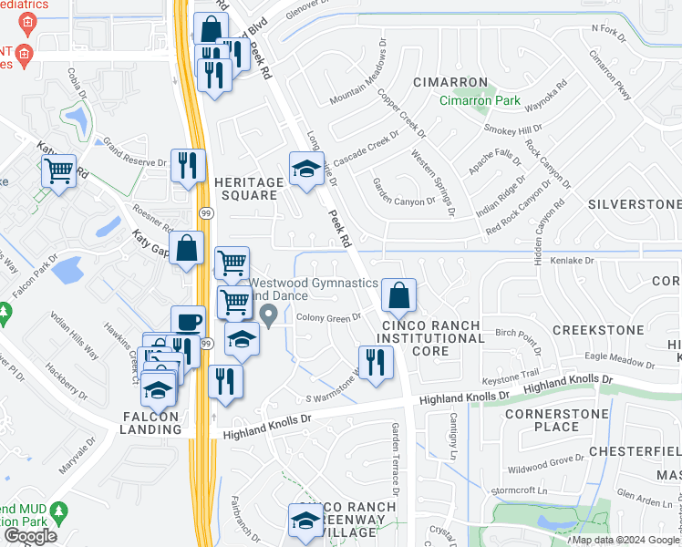 map of restaurants, bars, coffee shops, grocery stores, and more near 1219 Whisper Trace Court in Katy