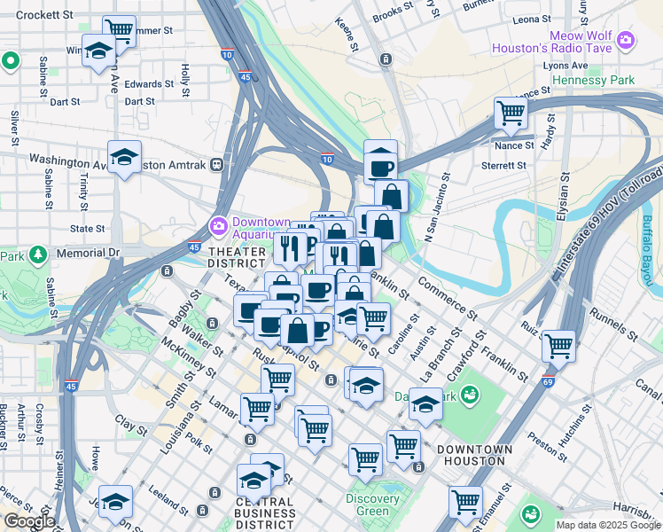 map of restaurants, bars, coffee shops, grocery stores, and more near 301 Milam Street in Houston