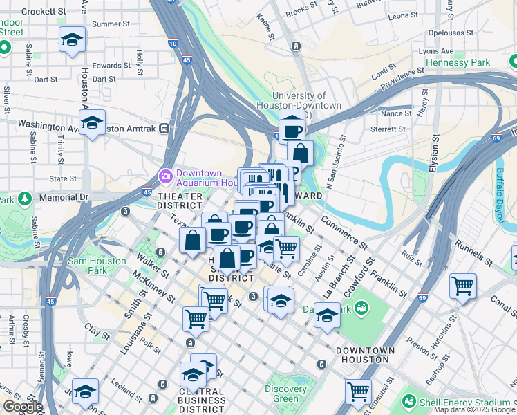 map of restaurants, bars, coffee shops, grocery stores, and more near 214 Travis Street in Houston