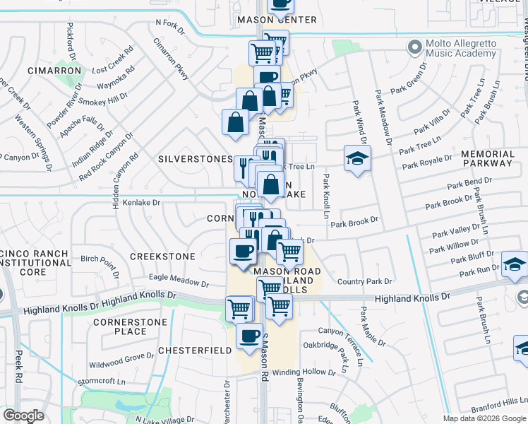 map of restaurants, bars, coffee shops, grocery stores, and more near 1187 South Mason Road in Katy