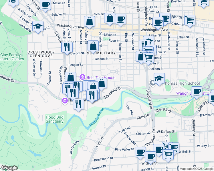 map of restaurants, bars, coffee shops, grocery stores, and more near 100 Detering Street in Houston