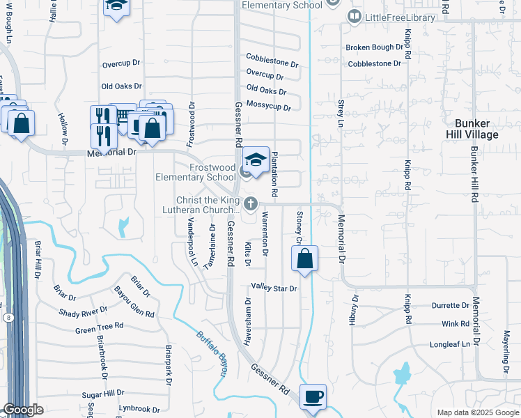 map of restaurants, bars, coffee shops, grocery stores, and more near 250 Warrenton Drive in Houston