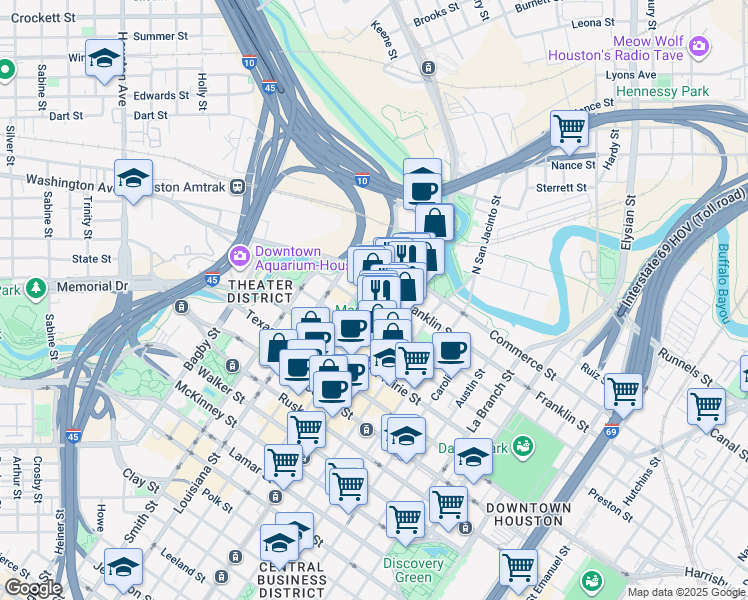 map of restaurants, bars, coffee shops, grocery stores, and more near 214 Travis Street in Houston