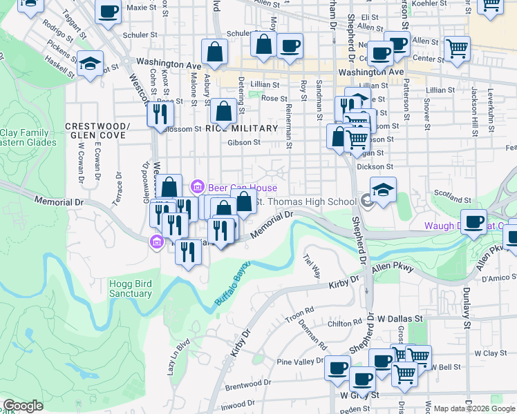 map of restaurants, bars, coffee shops, grocery stores, and more near 100 Detering Street in Houston