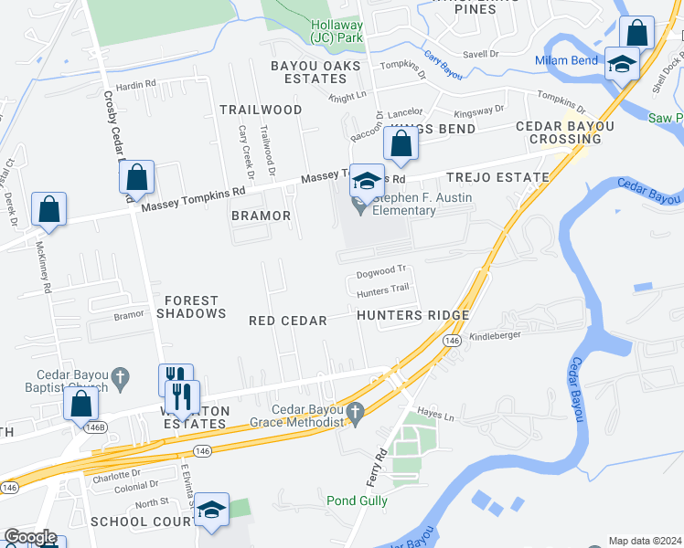 map of restaurants, bars, coffee shops, grocery stores, and more near 3711 Dogwood Tr in Baytown