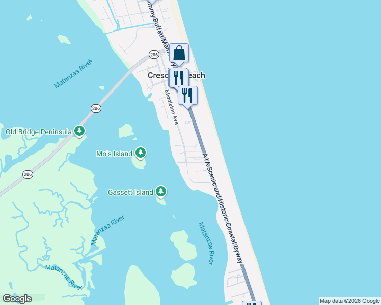map of restaurants, bars, coffee shops, grocery stores, and more near 7175 Florida A1A in St. Augustine