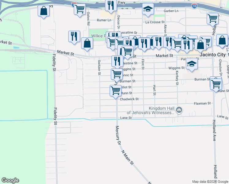 map of restaurants, bars, coffee shops, grocery stores, and more near 10305 Munn Street in Houston