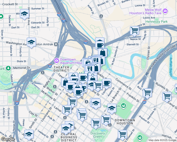 map of restaurants, bars, coffee shops, grocery stores, and more near 903 Main street in Houston
