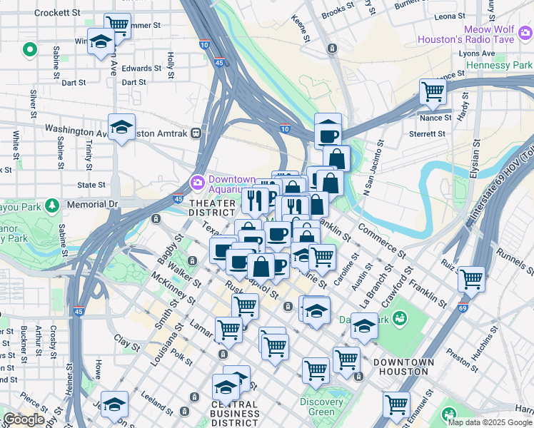 map of restaurants, bars, coffee shops, grocery stores, and more near 777 Preston Street in Houston