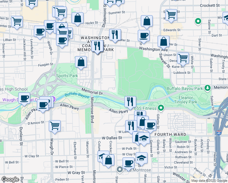 map of restaurants, bars, coffee shops, grocery stores, and more near 1795-1799 Memorial Parkway in Houston