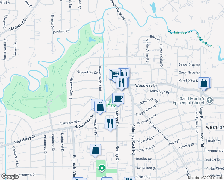 map of restaurants, bars, coffee shops, grocery stores, and more near 5800 Woodway Drive in Houston