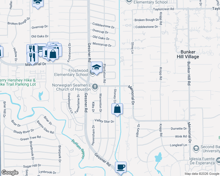map of restaurants, bars, coffee shops, grocery stores, and more near 271 Stoney Creek Drive in Houston