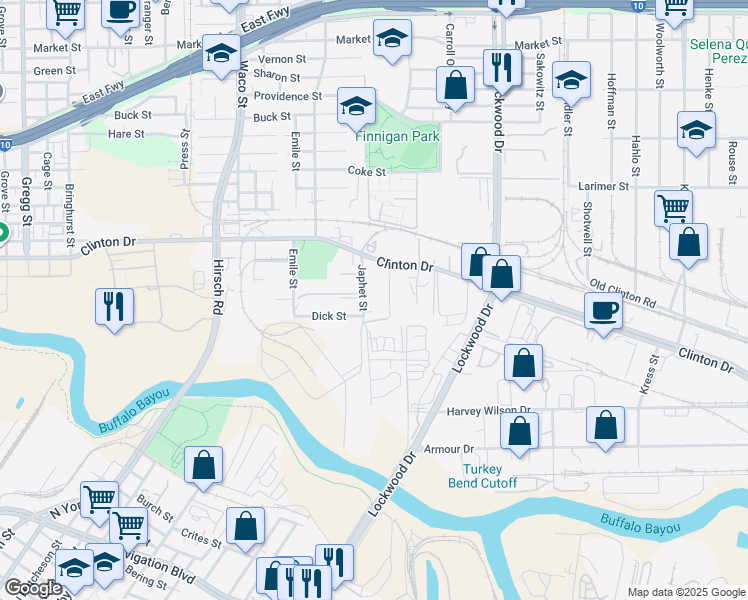 map of restaurants, bars, coffee shops, grocery stores, and more near 104 Japhet Street in Houston