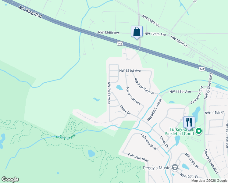 map of restaurants, bars, coffee shops, grocery stores, and more near 11791 Creek Drive in Alachua