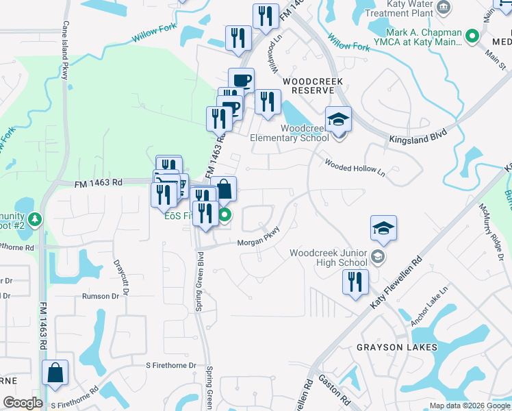 map of restaurants, bars, coffee shops, grocery stores, and more near Katy Shadow Lane in Katy