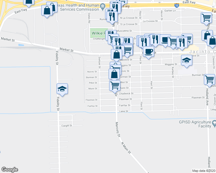 map of restaurants, bars, coffee shops, grocery stores, and more near 10225 Munn Street in Houston