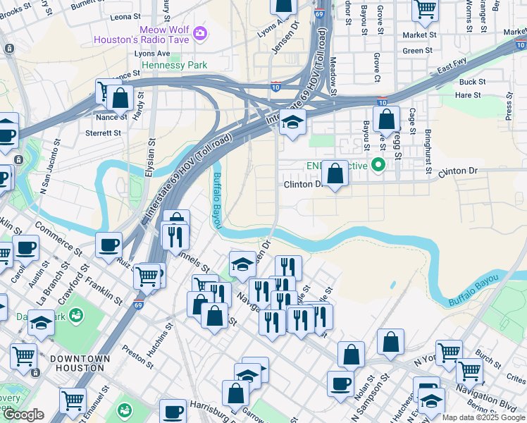 map of restaurants, bars, coffee shops, grocery stores, and more near 2711 Foote Street in Houston