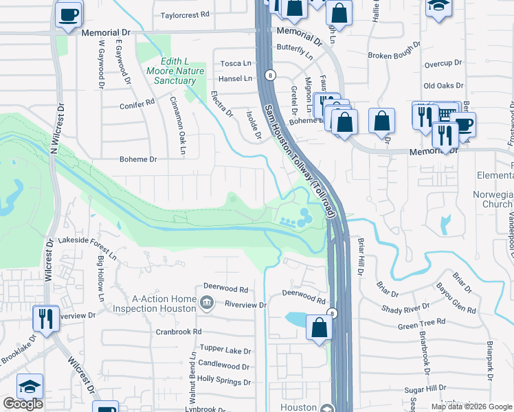 map of restaurants, bars, coffee shops, grocery stores, and more near 102 Electra Drive in Houston