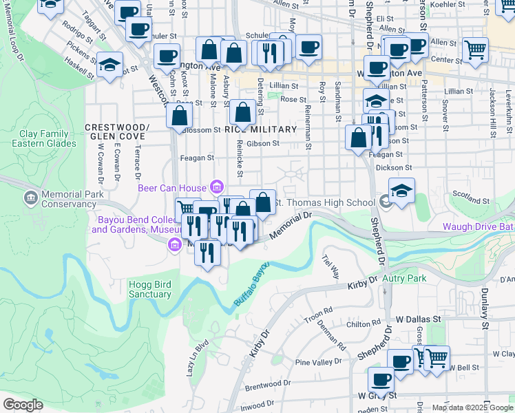 map of restaurants, bars, coffee shops, grocery stores, and more near 5401 Crooms Street in Houston