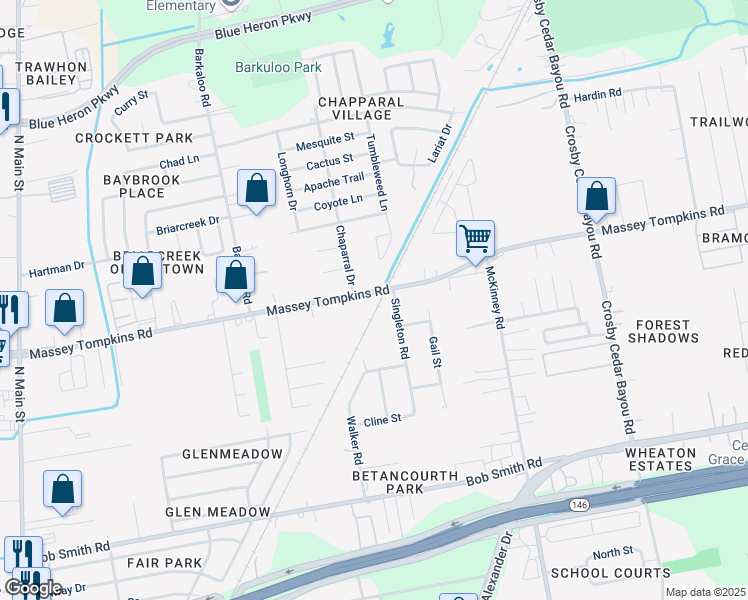 map of restaurants, bars, coffee shops, grocery stores, and more near 3615 Singleton Road in Baytown