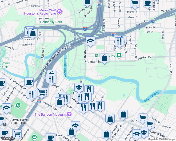 map of restaurants, bars, coffee shops, grocery stores, and more near 20-74 Jensen Drive in Houston
