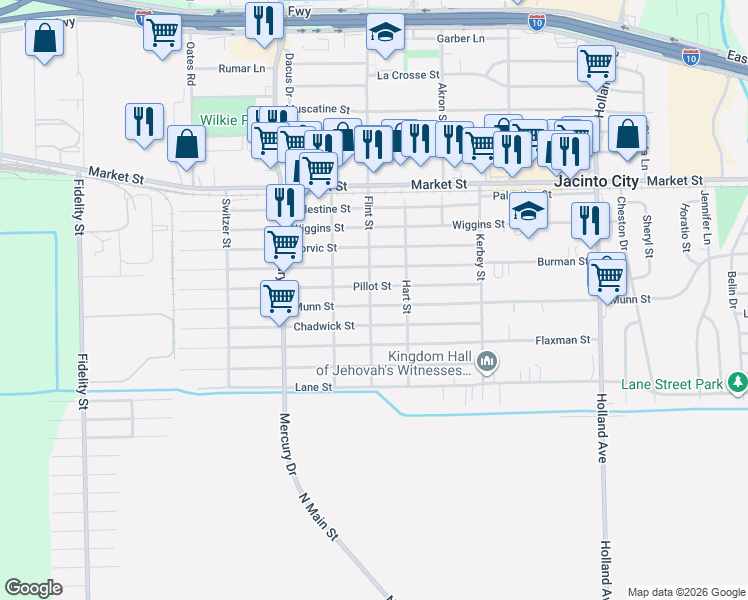 map of restaurants, bars, coffee shops, grocery stores, and more near 10426 Munn Street in Houston