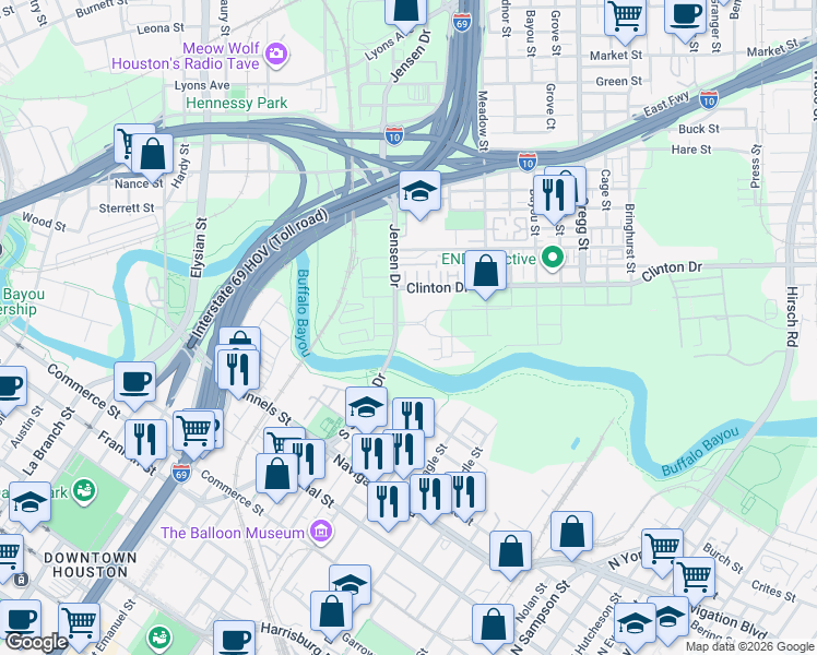 map of restaurants, bars, coffee shops, grocery stores, and more near 20-74 Jensen Drive in Houston