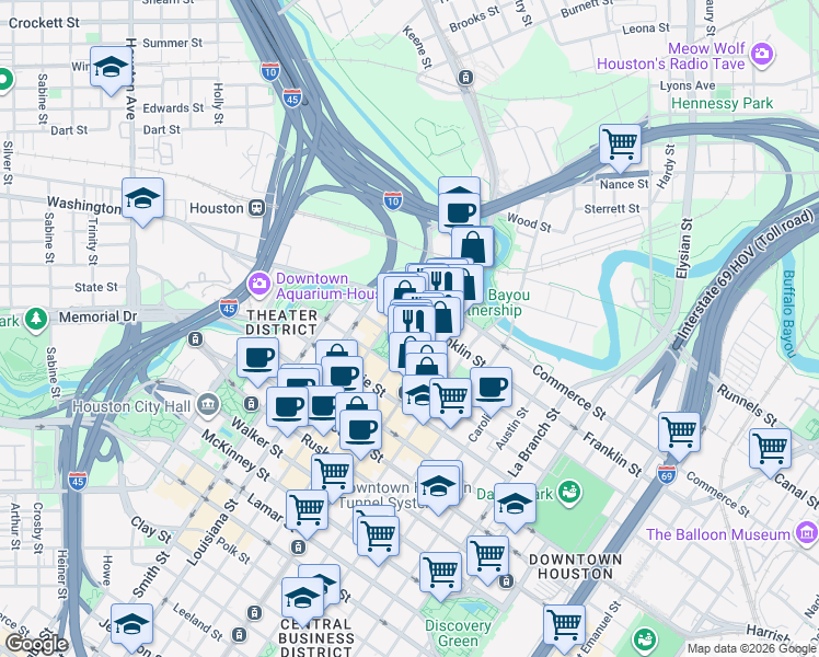 map of restaurants, bars, coffee shops, grocery stores, and more near 903 Main street in Houston
