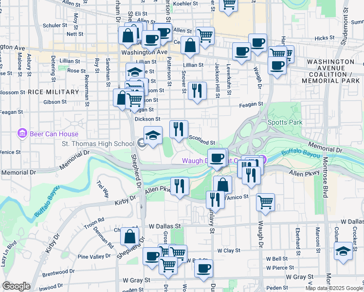 map of restaurants, bars, coffee shops, grocery stores, and more near 4400 Memorial Drive in Houston