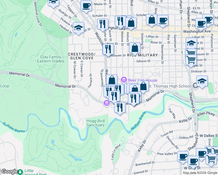map of restaurants, bars, coffee shops, grocery stores, and more near 200 Westcott Street in Houston