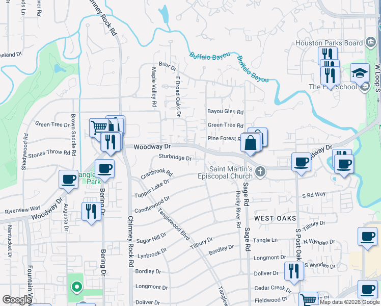 map of restaurants, bars, coffee shops, grocery stores, and more near 5402 Sturbridge Drive in Houston